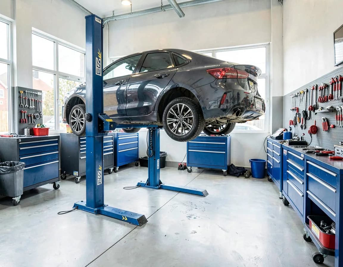Clean professional auto repair shop with a car on a lift