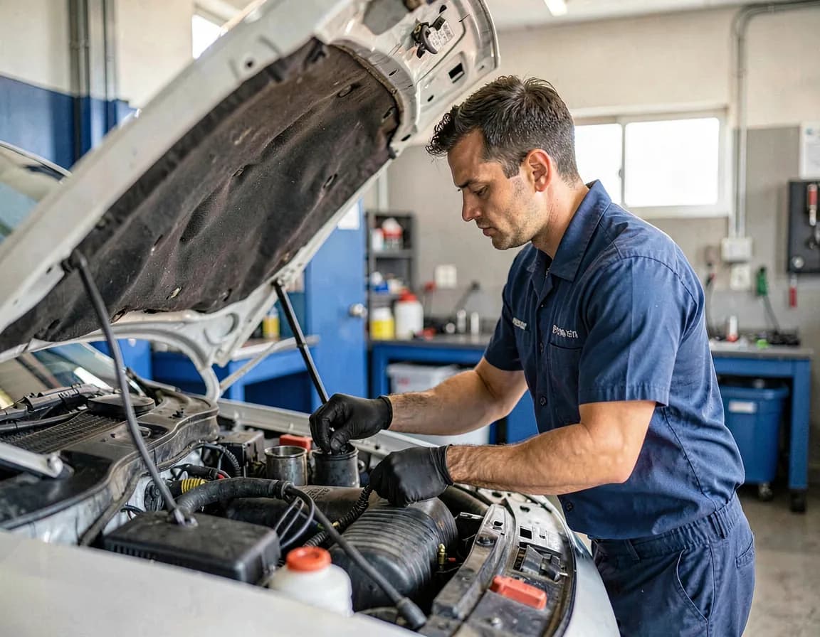 Auto mechanic working under the hood of a car in a service bay